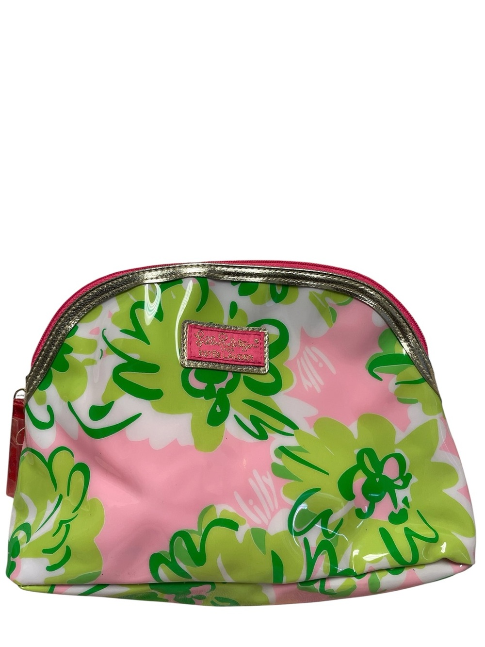Lilly Pulitzer x Estee Lauder Pink Green Floral Gold Trim PVC Cosmetic Bag EUC